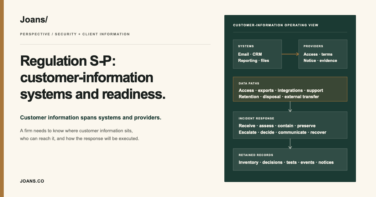 Regulation S-P operating view of customer-information systems, providers, incident response, and records.